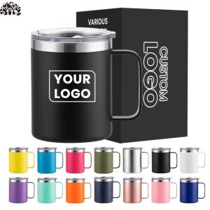 Personalized 12-ounce, 14-ounce, 16-ounce and 24-ounce stainless steel insulated cups with handles, custom camping coffee cups with handles